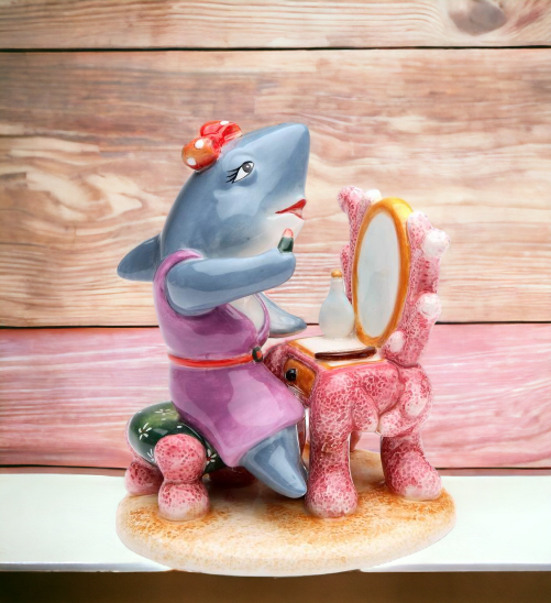 Ceramic Shark Putting on Makeup Figurine Gift for Her Gift for Mom Home Decor Vanity Decor Fashionista Gift - Figurine