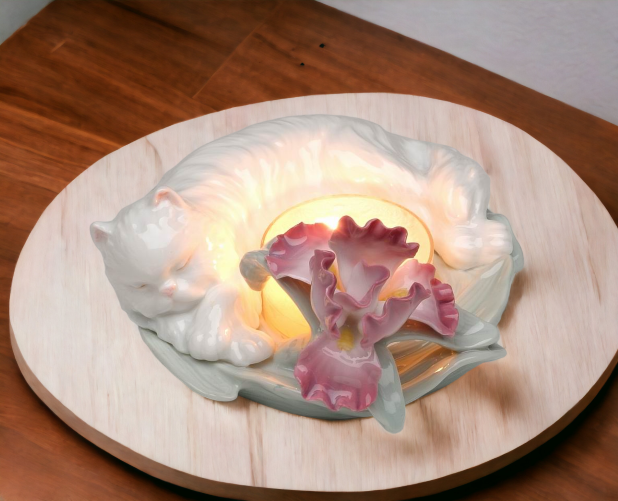 Ceramic Sleeping Cat with Iris Flower Tealight Candle Holder Home Décor Gift for Her Mom Bathroom Décor Cat Lovers Gift