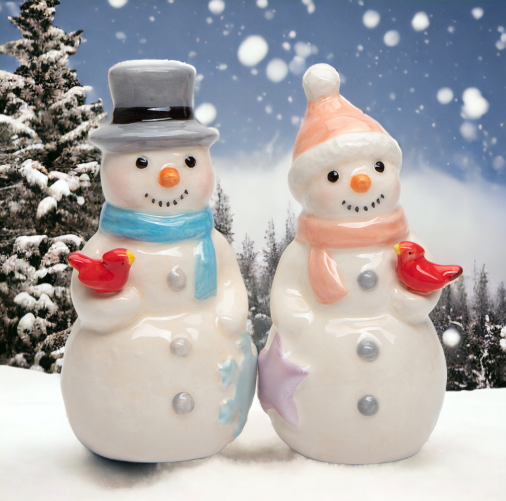 Ceramic Snowman Couple With Cardinal Birds Salt And Pepper Shakers Home Décor Gift for Her Gift for Mom Kitchen Décor