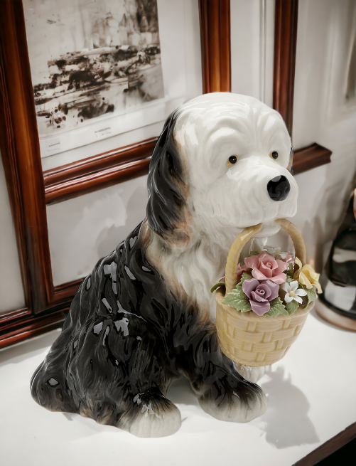Ceramic St. Bernard Dog with Flower Basket Music Box Home Décor Gift for Her Gift for Mom Kitchen Décor Dog Lover Gift