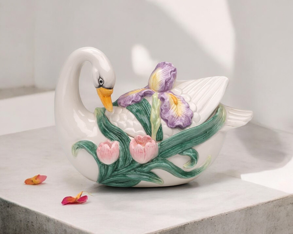 Ceramic Swan Bird with Flowers Accessory Box Vintage Decor Vanity Decor Gift for Her Gift for Mom - jewelry box