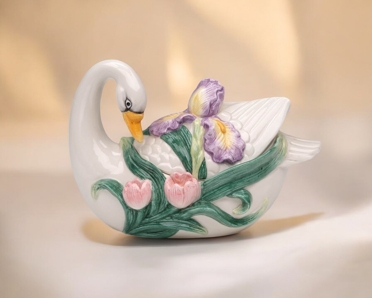 Ceramic Swan Bird with Flowers Accessory Box Vintage Decor Vanity Decor Gift for Her Gift for Mom - jewelry box
