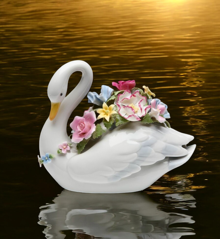 Ceramic Swan with Flowers Music Box Playing ’Swan Lake’ Gift for Her Gift for Mom Wedding Gift Anniversary Gift - Music