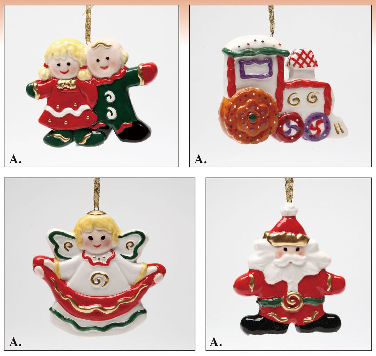 Ceramic Sweet Holiday Ornaments Set Of 4 Train Angel Santa & Children Home Décor Gift for Her Gift for Mom Christmas