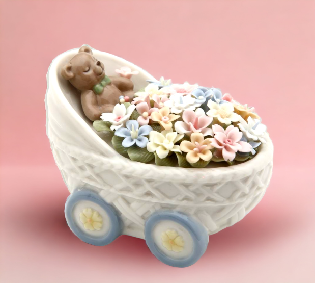 Ceramic Teddy Bear With Flowers in Baby Stroller Figurine Home Décor Nursery Room Décor Baby Gift - Figurines