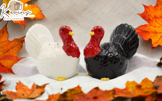 Ceramic Thanksgiving Small White & Black Turkey Salt And Pepper Shakers Home Décor Gift for Her Gift for Mom Kitchen
