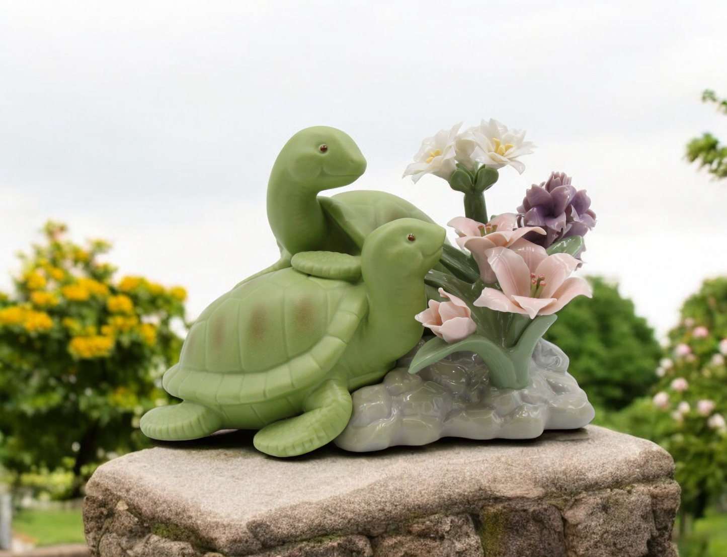Ceramic Turtles with Flowers Figurine Home Decor Gift for Her Gift for Mom - Figurine
