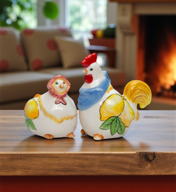 Ceramic Tuscany Rooster & Hen Salt and Pepper Shakers with Lemon Theme Farmhouse Kitchen Decor Gift for Her - Salt &