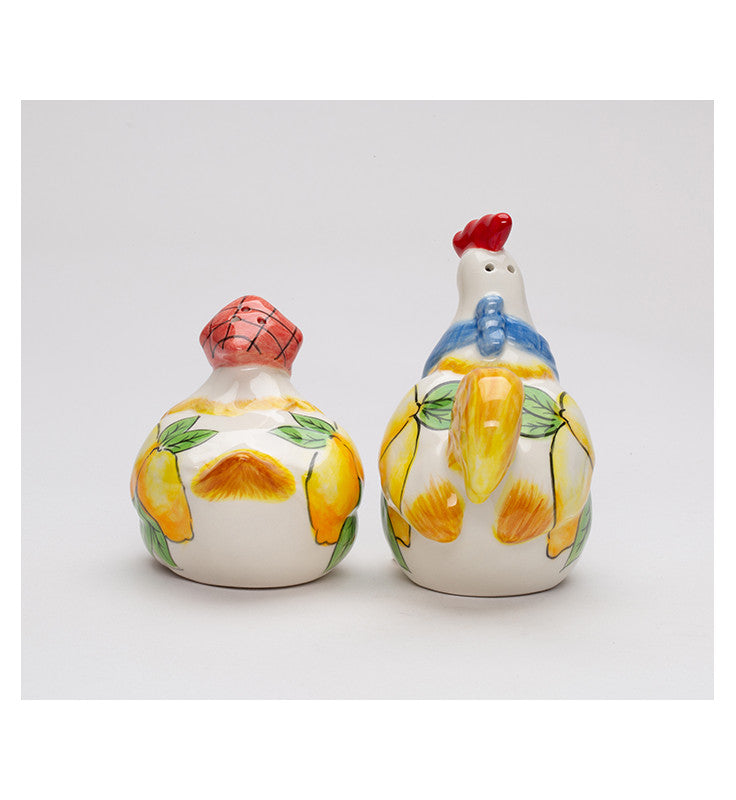 Ceramic Tuscany Rooster & Hen Salt and Pepper Shakers with Lemon Theme Farmhouse Kitchen Decor Gift for Her - Salt &