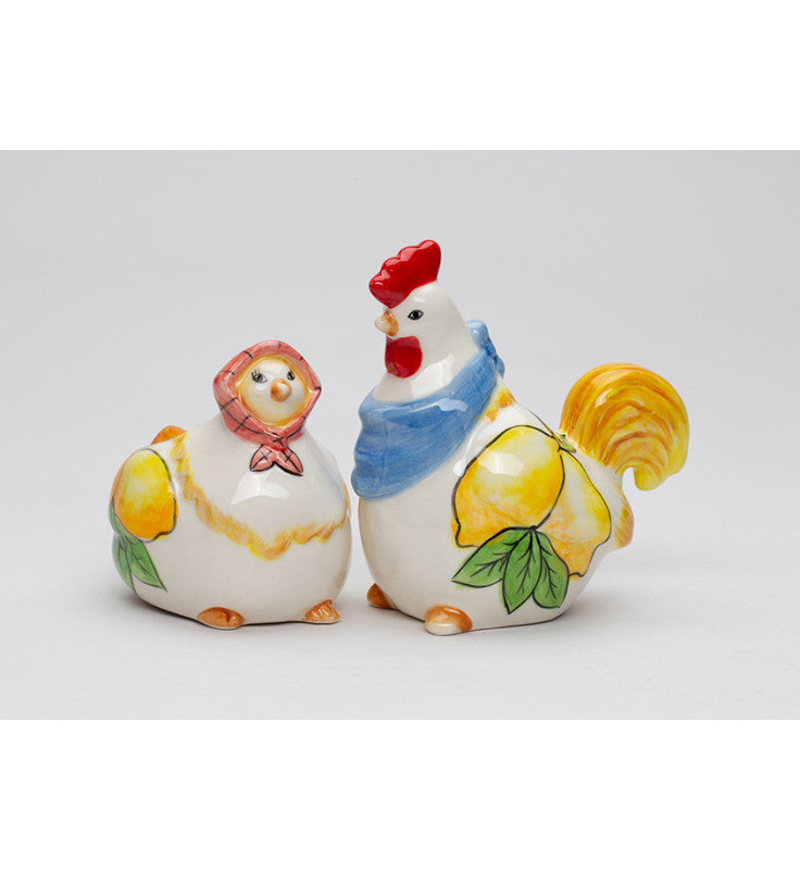 Ceramic Tuscany Rooster & Hen Salt and Pepper Shakers with Lemon Theme Farmhouse Kitchen Decor Gift for Her - Salt &