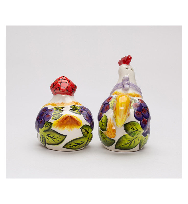 Ceramic Tuscany Rooster & Hen Salt and Pepper with Grape Theme Farmhouse Kitchen Decor Winery Decor Gift for Wine Lover