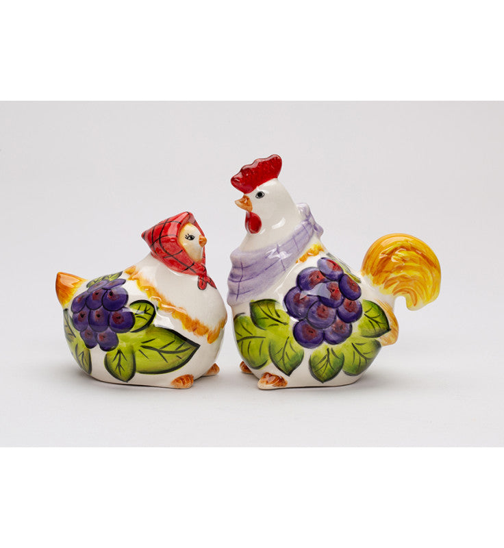 Ceramic Tuscany Rooster & Hen Salt and Pepper with Grape Theme Farmhouse Kitchen Decor Winery Decor Gift for Wine Lover