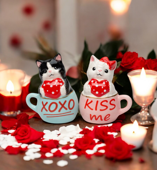 Ceramic Valentine Teacup Cat Salt and Pepper Shakers Cat Lovers’ Gift Gift for Her Valentine’s Day Decor - Salt &