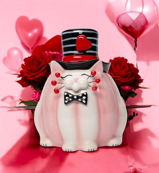 Ceramic Valentine Themed Whiskered Cat Chocolate Candy Jar Gift for Her Gift for Mom Valentine’s Day Décor Romantic