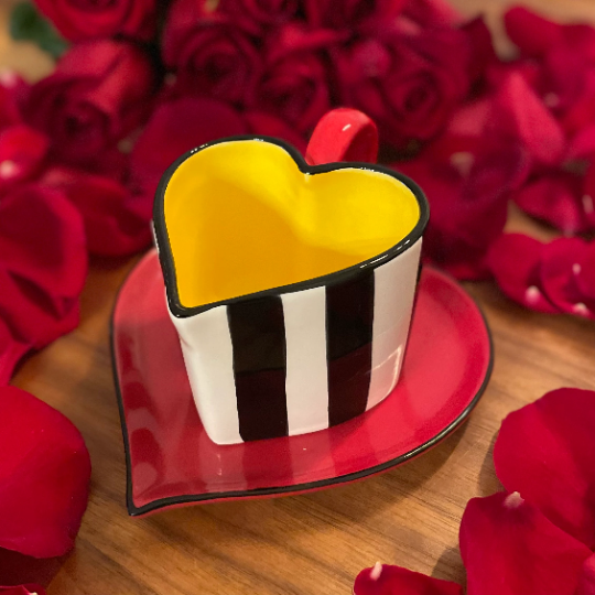 Ceramic Valentines Heart Shaped Striped Cup and Saucer Gift for Her Gift for Mom Gift for Friend or Coworker Tea Party