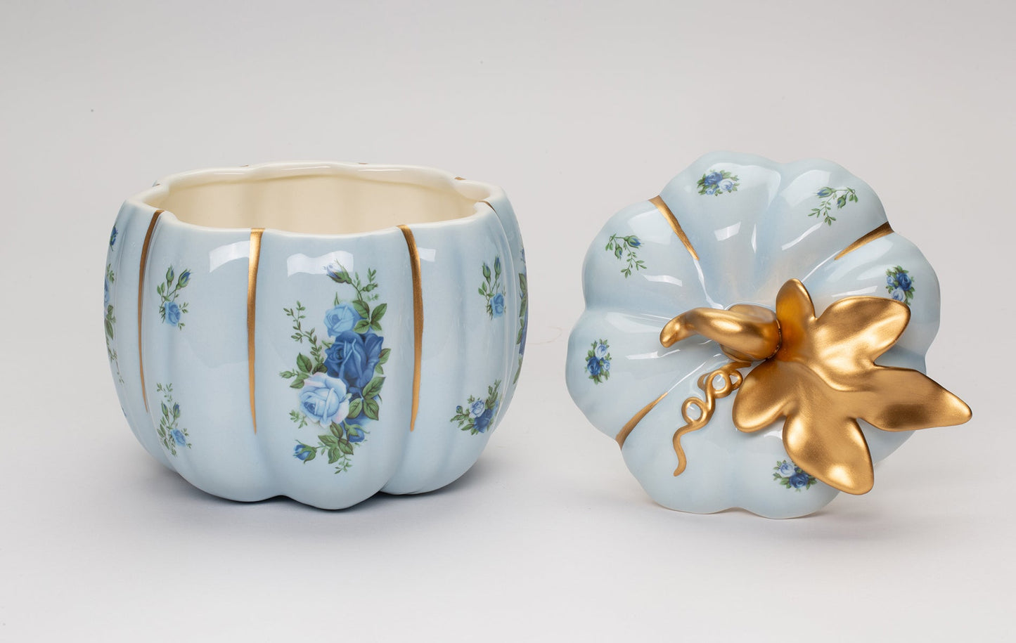 Ceramic Victorian Blue Pumpkin Candy Jar With Blue Roses Pattern Kitchen Decor Fall Decor Gift for Her Gift for Mom