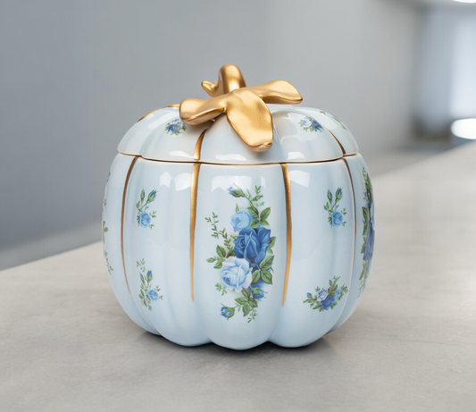 Ceramic Victorian Blue Pumpkin Candy Jar With Blue Roses Pattern Kitchen Decor Fall Decor Gift for Her Gift for Mom
