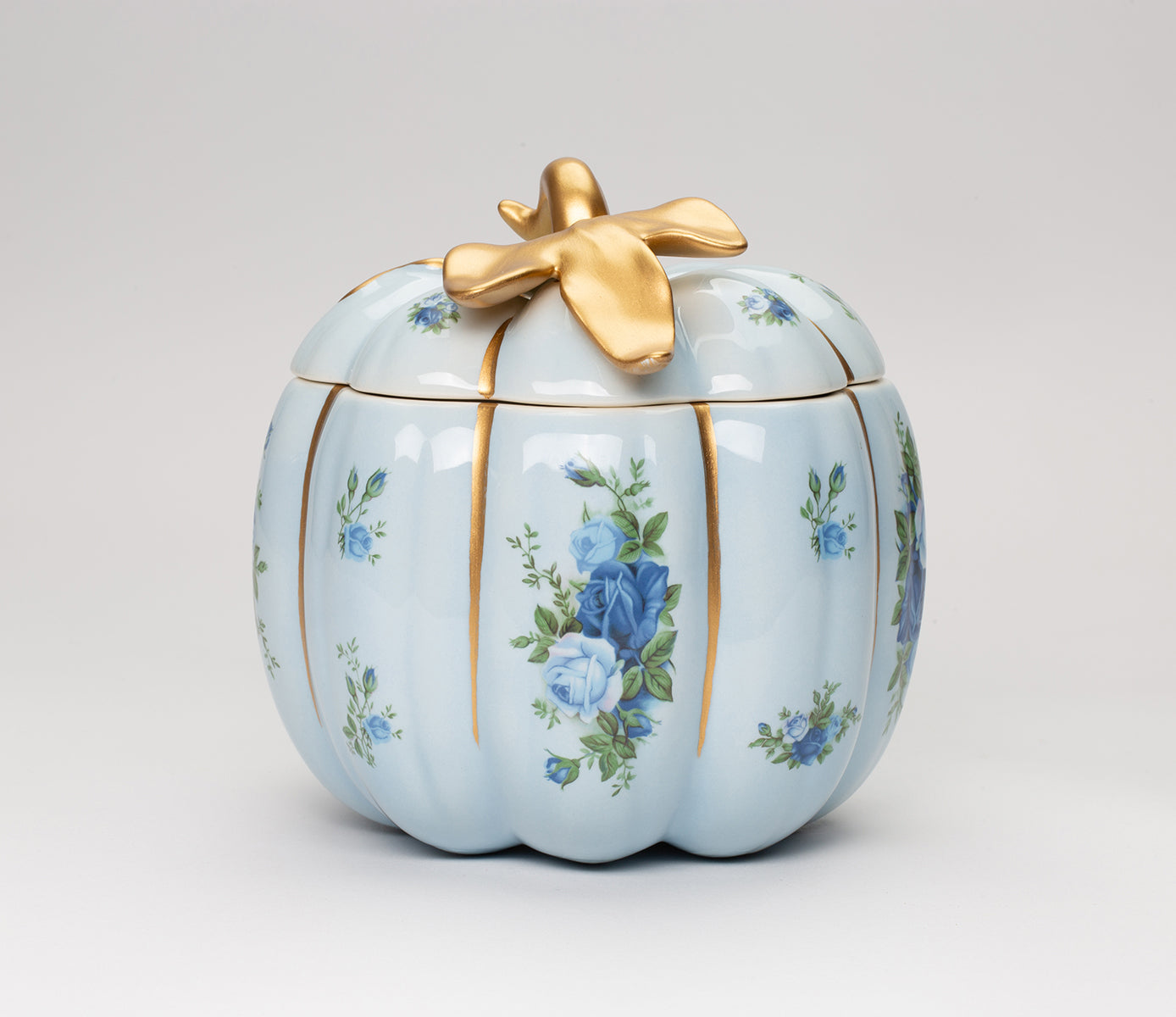 Ceramic Victorian Blue Pumpkin Candy Jar With Blue Roses Pattern Kitchen Decor Fall Decor Gift for Her Gift for Mom