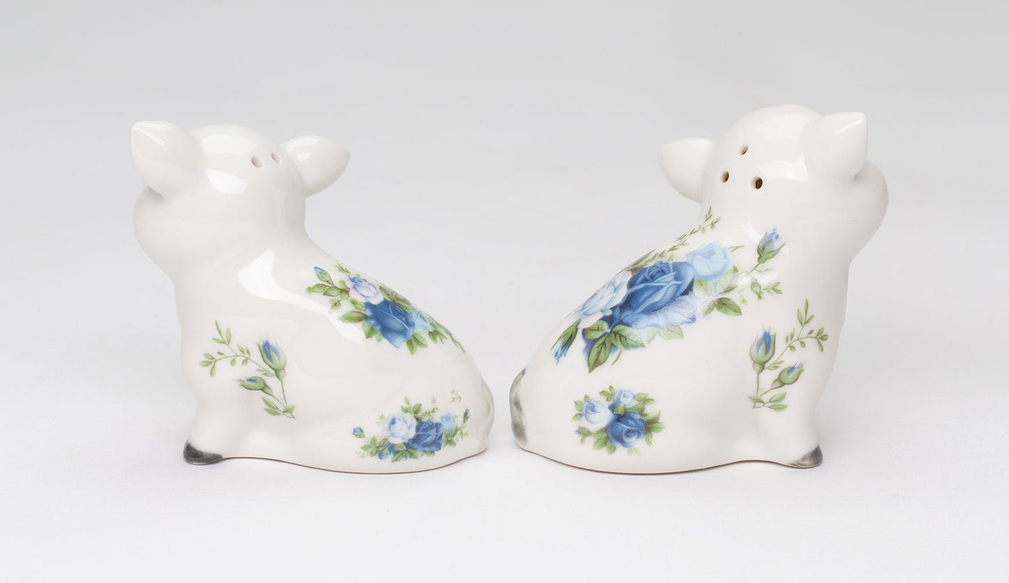 Ceramic Victorian Pig With Blue Rose Pattern Salt And Pepper Shakers Farm Country House Decor Gift for Mom - Salt &