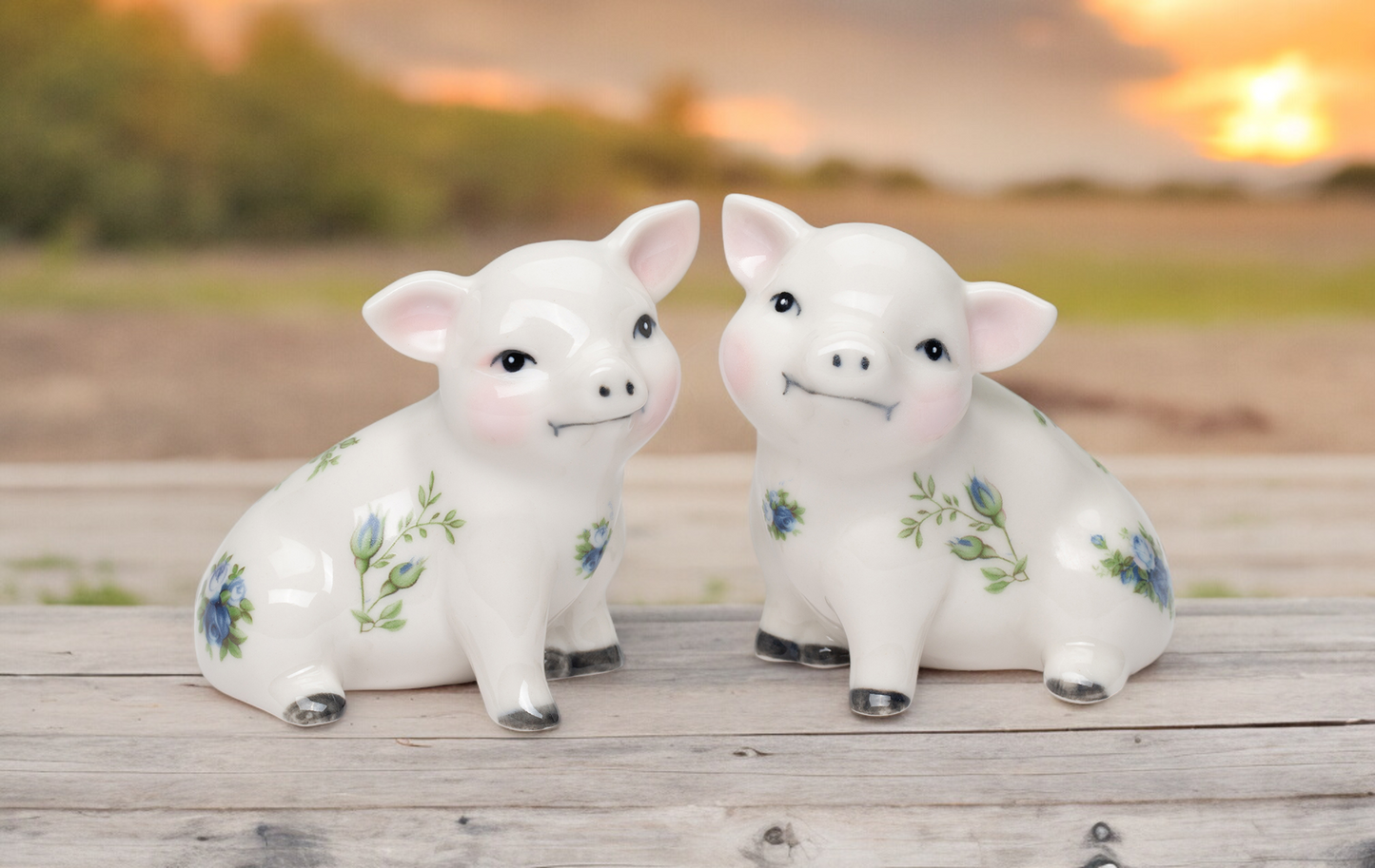Ceramic Victorian Pig With Blue Rose Pattern Salt And Pepper Shakers Farm Country House Decor Gift for Mom - Salt &