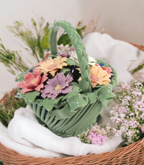 Ceramic Weaved Flower Basket Figurine Home Décor Gift for Her Gift for Mom Vanity Décor - Figurine