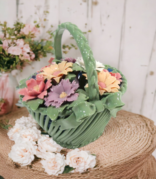 Ceramic Weaved Flower Basket Figurine Home Décor Gift for Her Gift for Mom Vanity Décor - Figurine