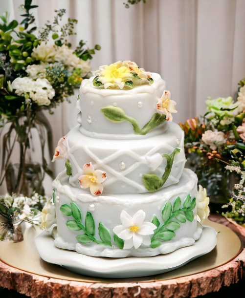 Ceramic Wedding Cake with Flowers Jewelry Box Wedding Décor or Gift Anniversary Décor or Gift Home Décor Vanity Decor