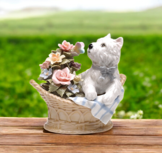 Ceramic West Terrier Dog Basket Music Box Playing ’You’ve Got A Friend’ Dog Lover Gift Gift for Her - Music box