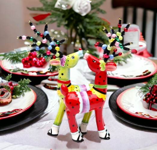 Ceramic Whimsical Christmas Jolly Reindeer Magnetic Salt & Pepper Shakers Home Décor Gift for Her Gift for Mom Kitchen