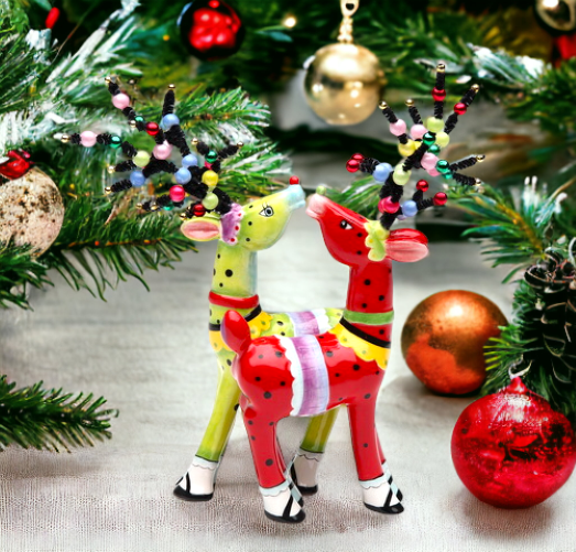 Ceramic Whimsical Christmas Jolly Reindeer Magnetic Salt & Pepper Shakers Home Décor Gift for Her Gift for Mom Kitchen