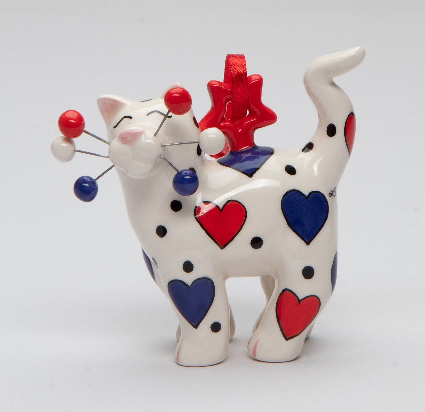 Ceramic Whisker Cat Ornament- Red And Blue Heart Home Décor Gift for Her Gift for Mom Kitchen Décor Cat Lovers Gift Pet