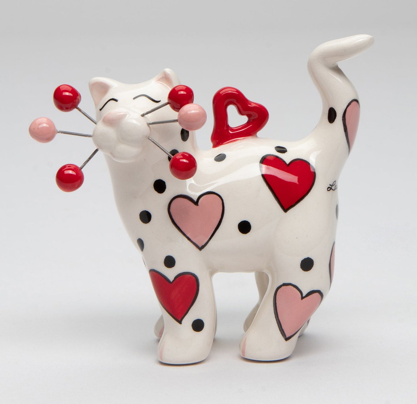 Ceramic Whisker Cat Ornament - Red And Pink Heart Home Décor Gift for Her Gift for Mom Romantic Decor Cat Lovers Gift