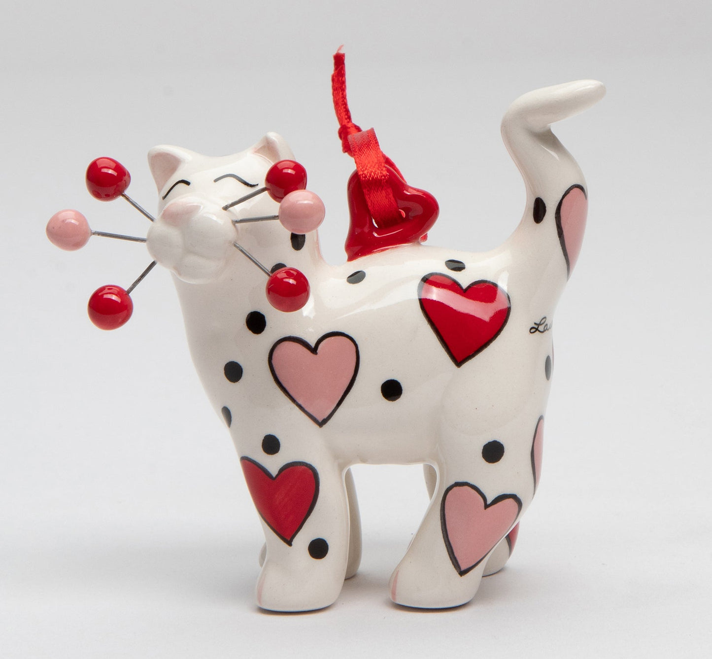 Ceramic Whisker Cat Ornament - Red And Pink Heart Home Décor Gift for Her Gift for Mom Romantic Decor Cat Lovers Gift
