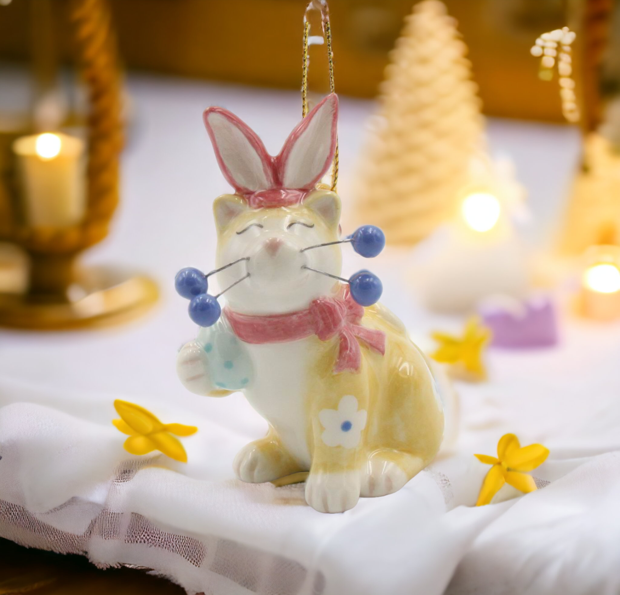 Ceramic Whiskered Cat with Easter Bunny Ears Ornament Gift for Her Mom Kitchen Décor Spring Décor Easter Décor Cat