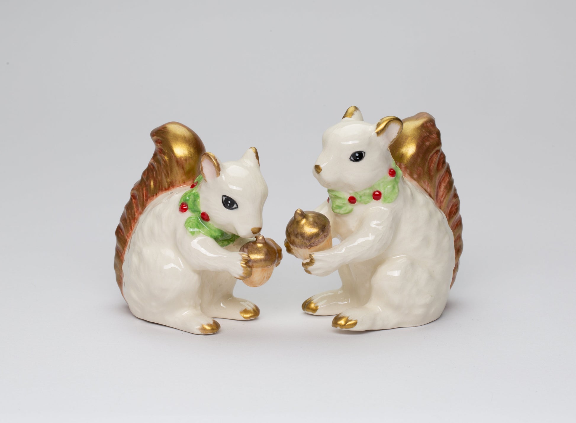 Ceramic White and Gold Squirrels Eating Acorns Salt and Pepper Shakers Christmas Decor Nature Lover Gift - Salt &