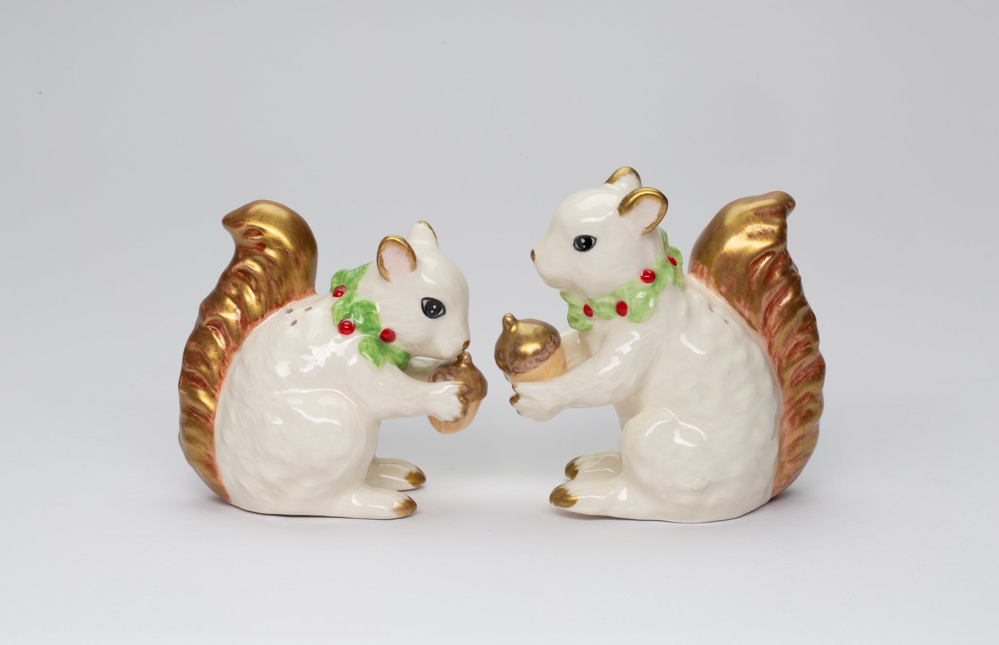 Ceramic White and Gold Squirrels Eating Acorns Salt and Pepper Shakers Christmas Decor Nature Lover Gift - Salt &