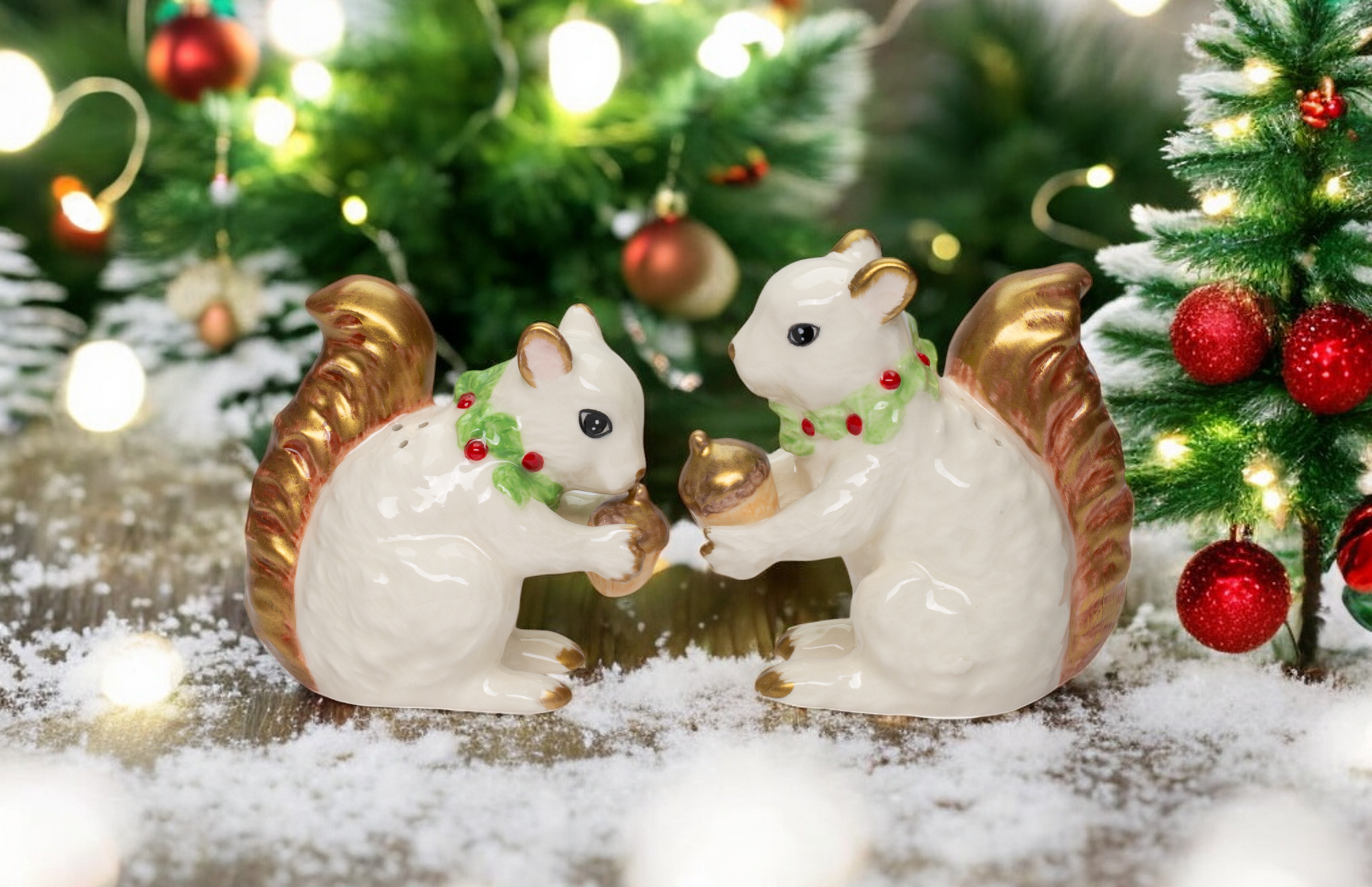 Ceramic White and Gold Squirrels Eating Acorns Salt and Pepper Shakers Christmas Decor Nature Lover Gift - Salt &