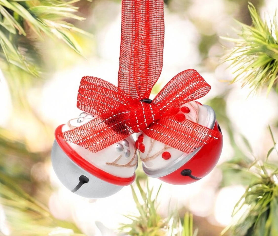 Ceramic White and Red Christmas Tree Ornament Bells with Red Ribbon Christmas Decor - Ornament