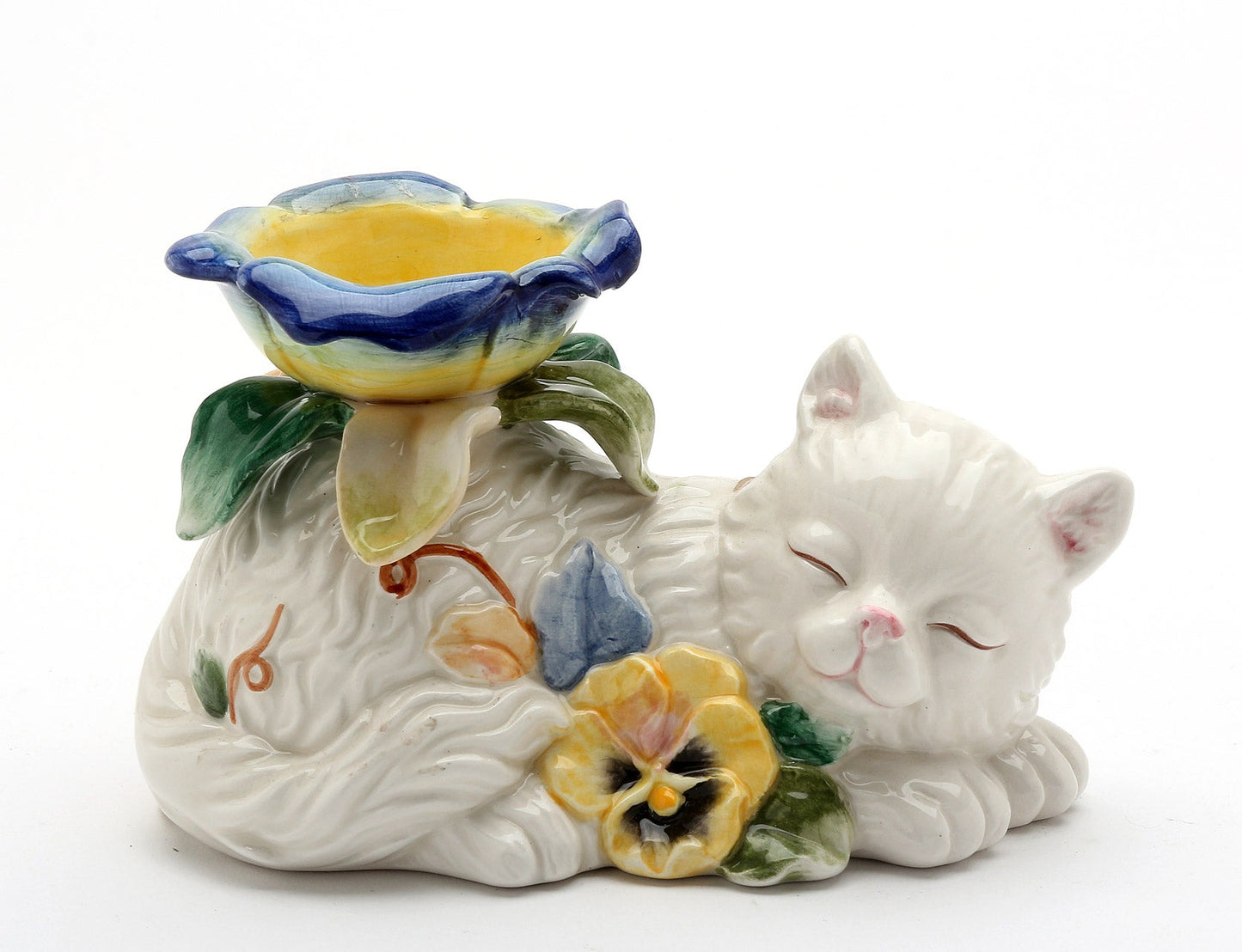 Ceramic White Cat with Pansy Flowers Tealight Candle Holder Cat Lover Gift Gift for Her Gift for Mom - Candle Holders