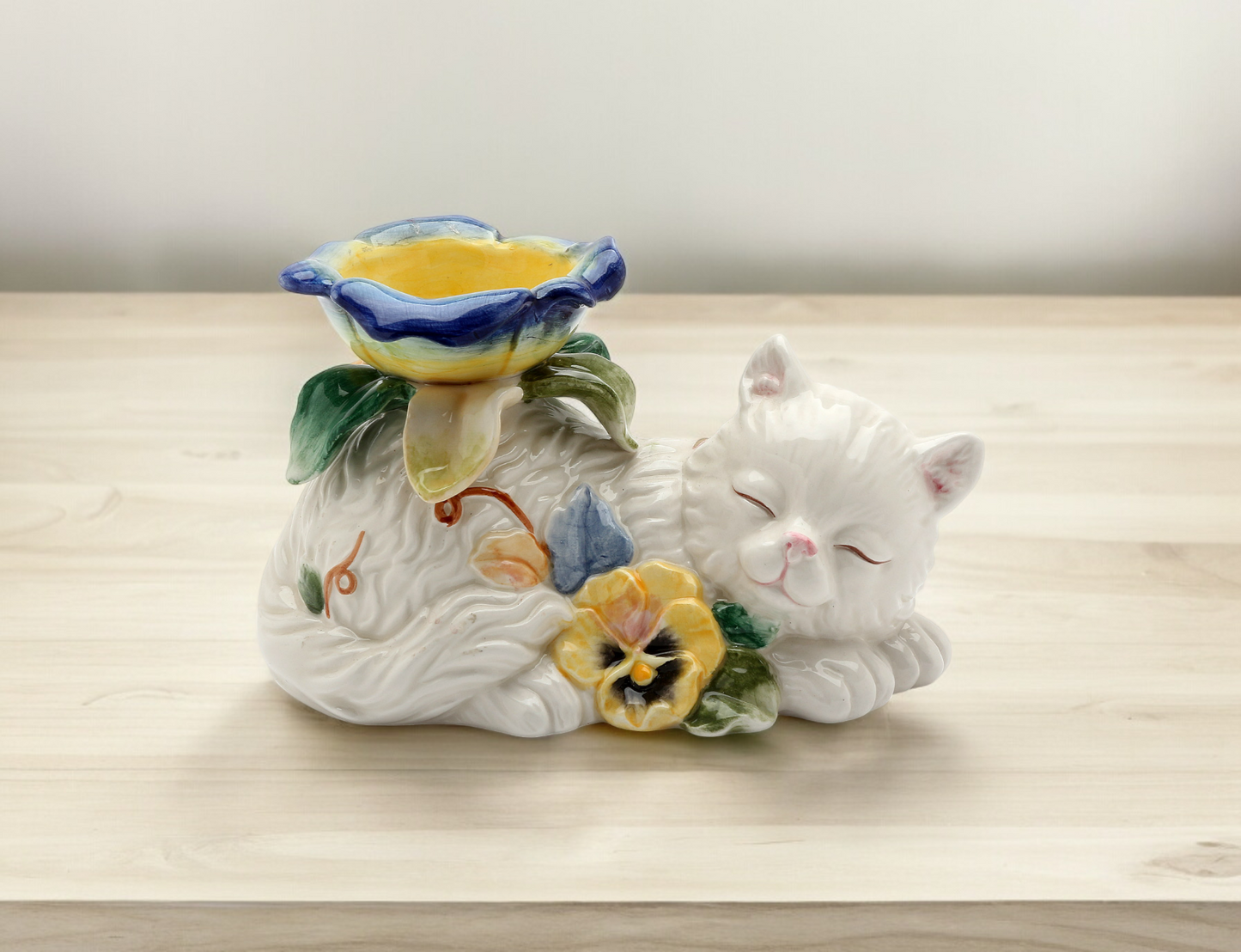 Ceramic White Cat with Pansy Flowers Tealight Candle Holder Cat Lover Gift Gift for Her Gift for Mom - Candle Holders