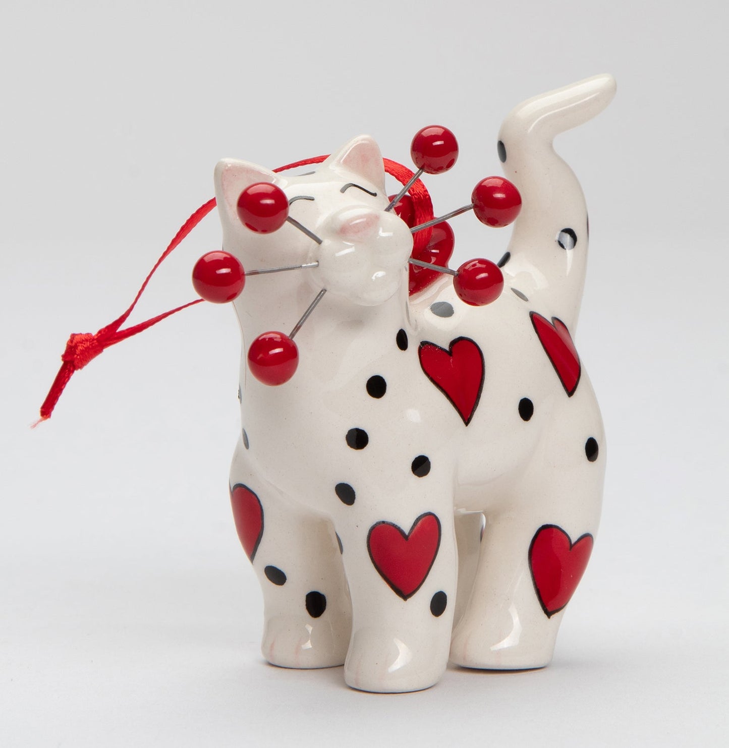 Ceramic White Cat with Red Hearts Ornament Home Décor Gift for Her Mom Cat Lovers Gift Pet Loss Gift Valentines Day