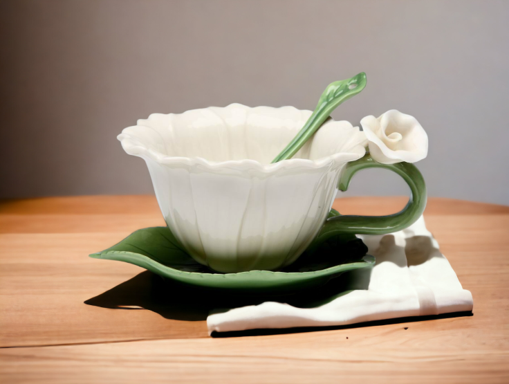 Ceramic White Daisy Flower Cup and Saucer and Spoon-1 Set Gift for Her Mom Gift for Friend or Coworker Tea Party Décor