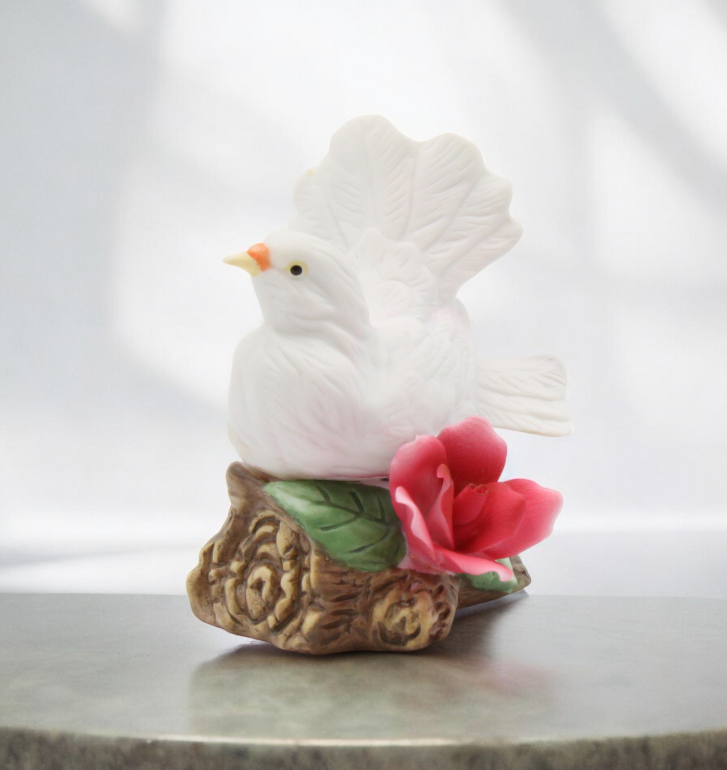 Ceramic White Dove Bird with Red Rose Flower Figurine Garden Decor Vintage Decor Gift for Her Gift for Mom - Figurine
