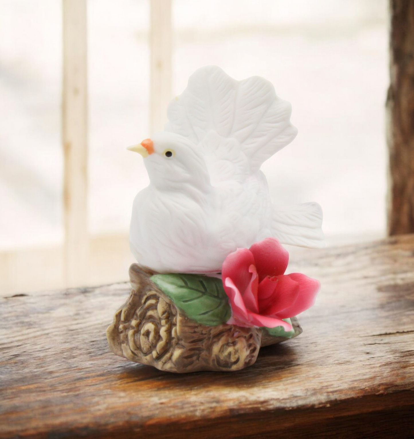 Ceramic White Dove Bird with Red Rose Flower Figurine Garden Decor Vintage Decor Gift for Her Gift for Mom - Figurine
