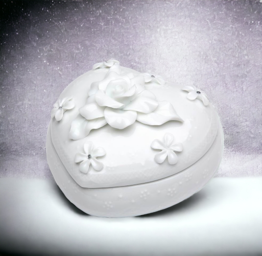 Ceramic White Heart Shaped Jewelry Box with Rose Flower Wedding Décor or Gift Anniversary Décor or Gift Home Décor