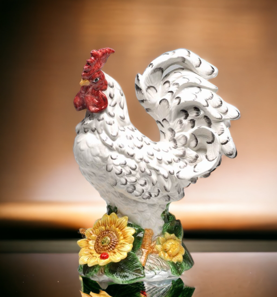 Ceramic White Large Rooster with Sunflower Statue Home Décor Gift for Her Gift for Mom Kitchen Décor Farmhouse Décor