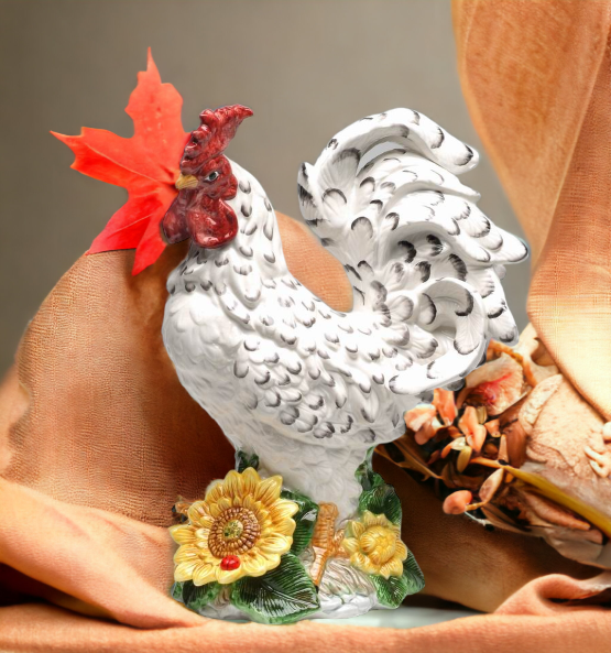 Ceramic White Large Rooster with Sunflower Statue Home Décor Gift for Her Gift for Mom Kitchen Décor Farmhouse Décor