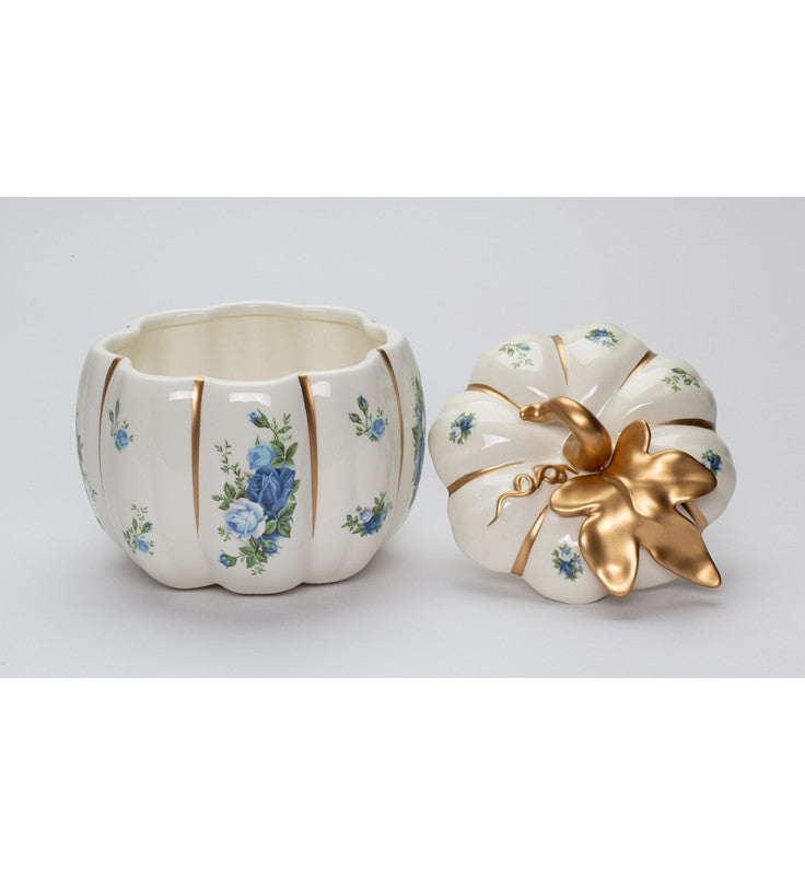 Ceramic White Pumpkin Jar with Blue Roses Spring Decor Kitchen Decor Gift for Mom - jar
