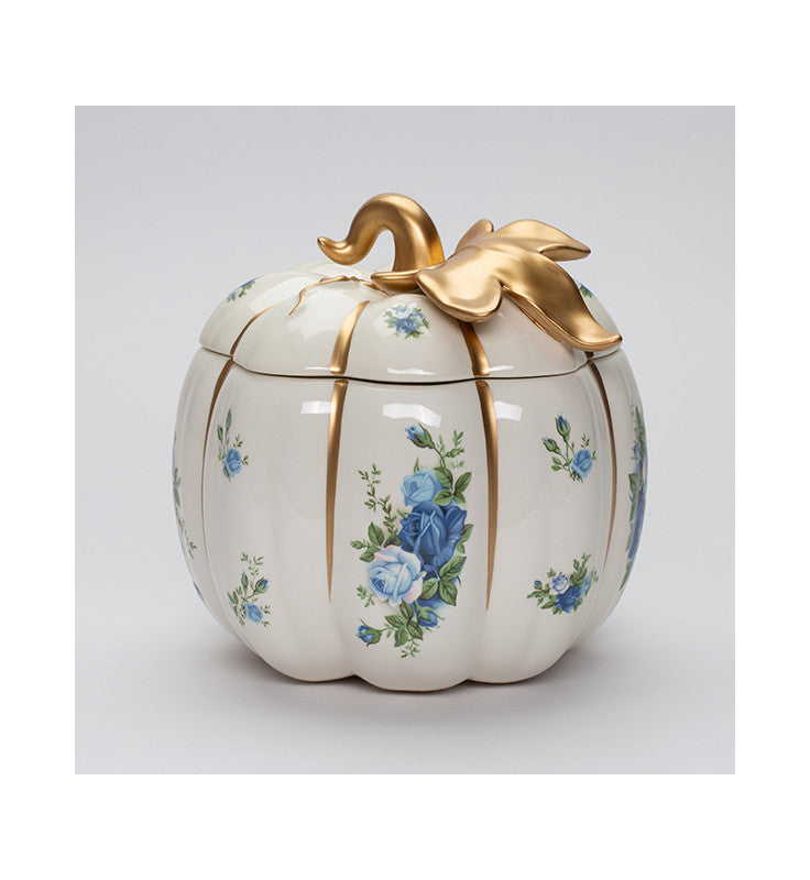 Ceramic White Pumpkin Jar with Blue Roses Spring Decor Kitchen Decor Gift for Mom - jar