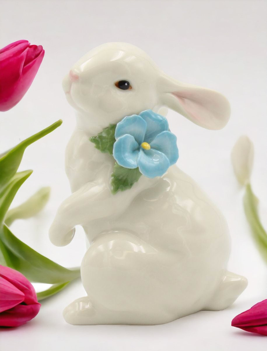 Ceramic White Rabbit with Blue Pansy Flower Figurine Home Décor Gift for Her Gift for Mom Kitchen Décor Spring Décor